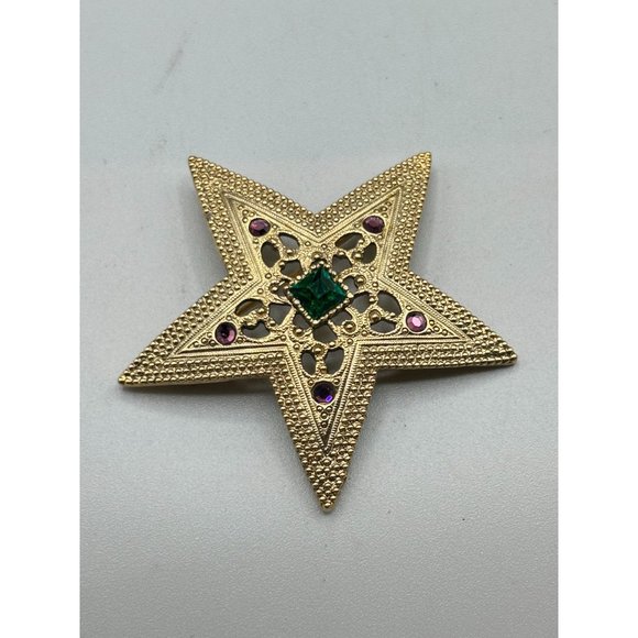 1928 Brand Star Pin Brooch Gold Tone and Jewel Tones Rhinestones Vintage Jewelry - Picture 3 of 6